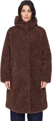 A woman is shown wearing a brown faux-fur coat.