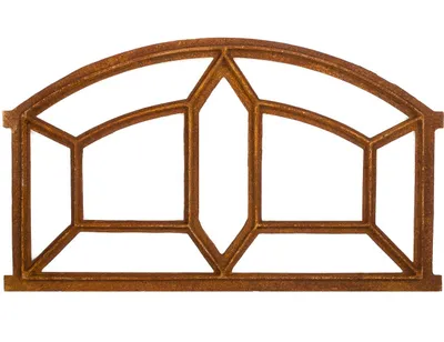 A decorative metal window frame with an arched top and geometric divisions, presented against a white background.