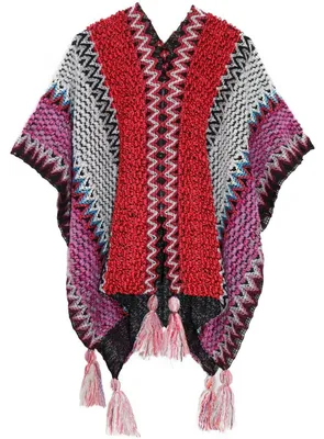 Produktbild von Poncho Damen Strick Wickeltuch bunt gestreift Vintage Ethno Rot Einheitsgröße