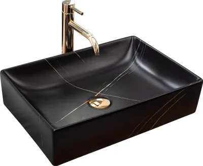 A black rectangular vessel sink with gold veining and a gold faucet, shown against a white background.