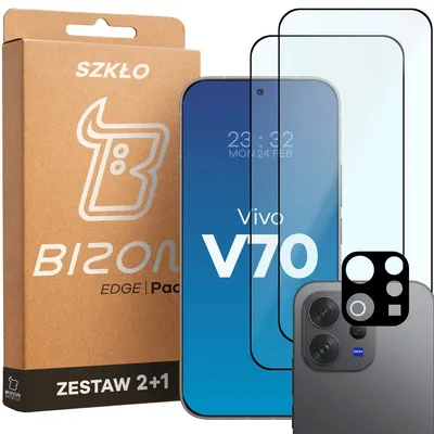 Produktbild von 2x Gehärtetes Glas + Kameraschutz für Vivo V70 5G, Bizon Glass Edge Pack, Schwarz