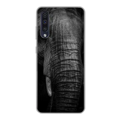 Produktbild von MuchoWow® Handyhülle Schutzhülle Hülle für Samsung Galaxy A30s Elefant auf schwarzem Hintergrund in schwarz und weiß Silikon Softcase Handy Hülle - Karteninhaber