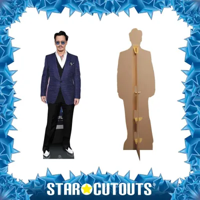 A cardboard cutout of Johnny Depp stands next to a life-size cardboard cutout of the same celebrity.