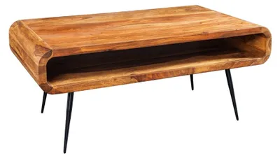 Productafbeelding van Salontafel RETROVA 90 cm in gelakt Sheesham hout met zwarte metalen poten en open nis