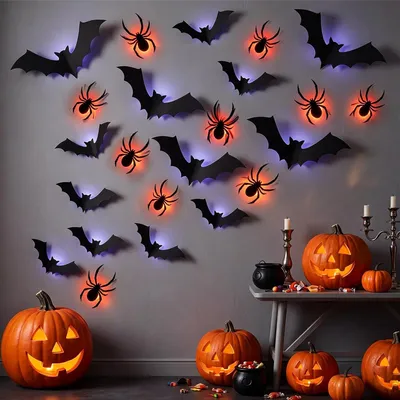 Produktbild von 22 LED-Halloween-Aufkleber, Motive: Spinne, Fledermaus, Dekoration