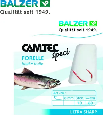 Produktbild von Balzer Camtec Forelle 60cm rot - 10 gebundene Forellenhaken, Hakengröße/Schnurdurchmesser:Gr. 12 / 0.16mm