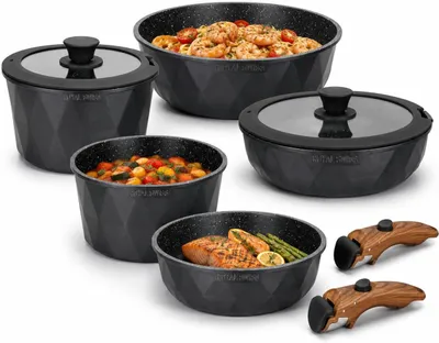 Image de Ensembles de casseroles et poêles, compatibles induction, en acier inoxydable, 9 pièces, avec couvercles en verre, marque Royal Swiss