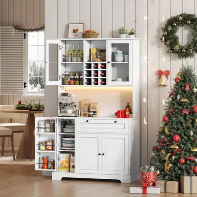 Produktbild von MODFU Küchenschrank Buffetschrank mit farbwechselnder LED-Beleuchtung und Steckdose,Hochschrank mit verstellbaren Einlegeböden,Schubladenschrank mit offenen Stauraumfächern,Weiß