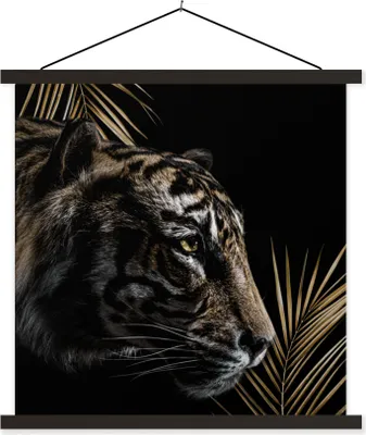 Produktbild von MuchoWow® Textilposter Tiger - Farn - Schwarz 120x120 cm mit schwarzem Rahmen - Aufhängungsset
