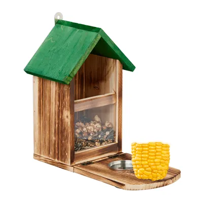 Produktbild von Relaxdays Eichhörnchen Futterhaus, Holz, Eichhörnchenfutterstation mit Maiskolbenhalter, Napf, Sitzplattform, natur/grün