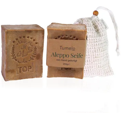 Produktbild von TUMELO Original Aleppo Seife 2 x 200g (400g) 70% Olivenöl 30% Lorbeeröl + Sisal Seifensäckchen, handgemachte Olivenölseife Naturseife