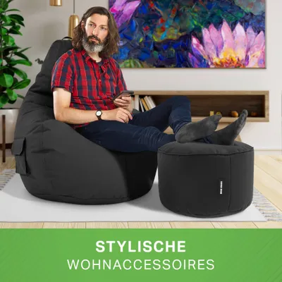 Produktbild von Green Bean® Sitzsack mit Rückenlehne + Hocker "Cozy+Stay" 80x70x90cm - Gaming Chair mit 230L EPS Perlen Füllung - Schwarz