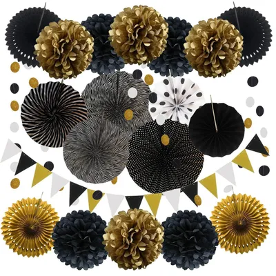 Immagine prodotto di Set di decorazioni per feste, nero e oro, 20 pezzi: pompon, ventagli, ghirlande, festoni