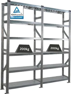 Produktbild von Fachbodenregal PROXIMO mit  Stecksystem | Komplettregal | HxBxT 210x180x32cm | 6 Ebenen | Beidseitig nutzbar | Verzinkt