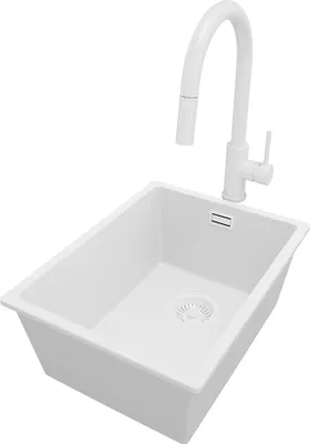 Produktbild von PRIMAGRAN Granitspüle Alles Weiß 36x47cm, Spülbecken 1 Becken + Küchenarmatur 40x20cm + Ablauf-Set, Küchenspüle ab 40er Unterschrank - London Slim