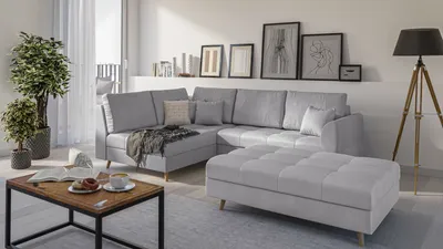 Produktbild von S-STYLE MÖBEL - Ecksofa und Fußhocker mit Holzfüßen im skandinavischen Stil Marco aus Grau Luxusmicrofaser - Ottomane links, B/T/H:231 cm/161 cm/81 cm