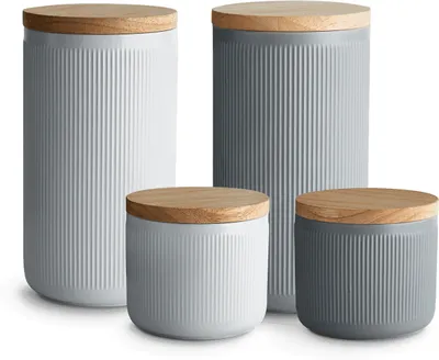 Produktbild von SPRINGLANE Keramik Vorratsdosen 4-tlg. Set mit Holzdeckel Stripes, Kautschukholz-Deckel, Aufbewahrungsdosen, Frischhaltedosen