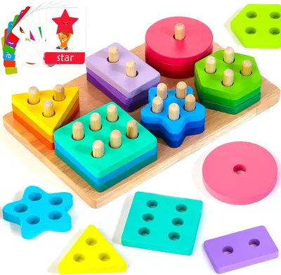 Produktbild von Montessori-Spielzeug ab 1 Jahr – Holz-Sortier- und Stapelspielzeug – Steckpuzzle für 12 Monate und älter – Für Babys, Jungen und Mädchen