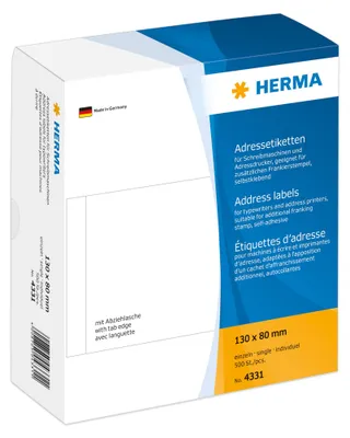 Zdjęcie produktu dla HERMA 4331, Biały, Papier, Matowy, 13 cm, 8 cm, 500 szt.