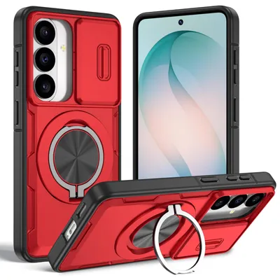 Produktbild von Magnetische Hülle für Samsung Galaxy S26, Militär Stoßfest Handyhülle mit Kameraschutz und Ringhalter Ständer Rot
