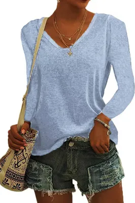 Image de ASKSA Femme Col en V T-shirt Unicolore Manches Longues Hauts Casual Lâches T-shirts Tee Tops, Bleu Ciel, M