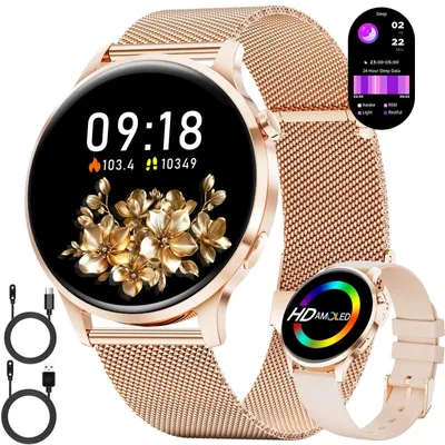 Zdjęcie produktu dla Inteligentny zegarek damski, okrągły, z funkcją telefonu, cienki, AMOLED, elegancki, dla kobiet, kompatybilny z Android i iOS, sportowy zegarek z monitorowaniem tętna i snu, kolor różowy, obudowa ze stali nierdzewnej