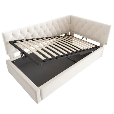 Produktbild von Flieks Polsterbett 90x200cm mit Stauraum, Tagesbett Schlafsofa mit Verstellbarem Kopfteil, Daybett Kinderbett Jugendbett mit Lattenrost, Samt, Beige