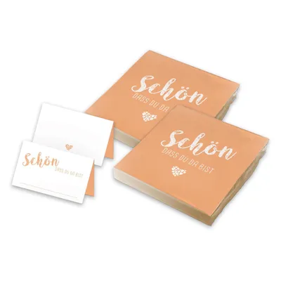 Produktbild von itenga 40x Servietten mit 48x Tischkarten Set - Schön dass du da bist - Apricot orange