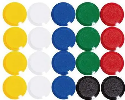 Produktbild von MAUL Magnet MAULpro rund 20 Stück 0,17 kg Kunststoff Ferrit bruchsicher erodiert lackiert Ø 1.5 x 0.75 cm weiß blau gelb grün rot schwarz