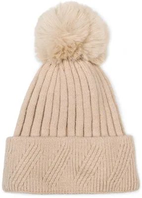 Produktbild von styleBREAKER Damen Strick Bommelmütze Rippenmuster, Beige