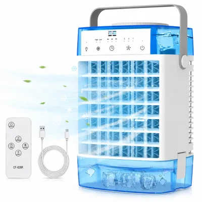 Produktbild von Mini Klimaanlage 4 in 1,Klimagerät Tragbar Leise,Ventilator mit Wasserkühlung 2 Modi 3 Geschwindigkeiten Timer RGB-Licht für Zimmer Camping