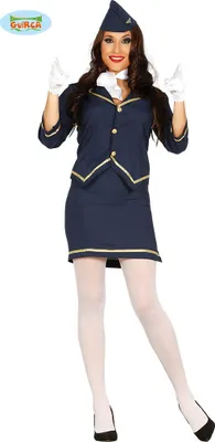 A woman wearing a flight attendant costume.