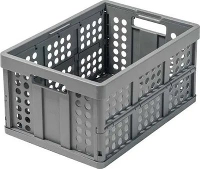 A gray folding crate is shown from a diagonal angle.