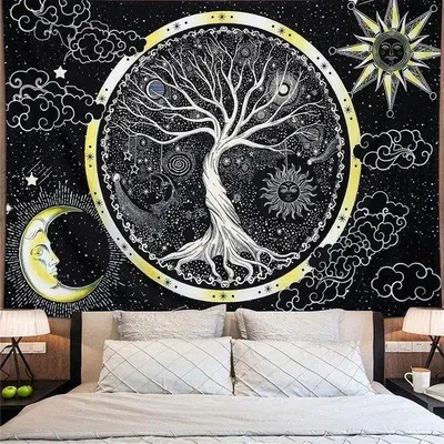 Image de Tapis muraux psychédéliques avec motif « Arbre de vie » en noir et blanc - Motif mandala - Décoration hippie pour chambre à coucher - Tableau mural esthétique - Motif soleil - 130 x 150 cm