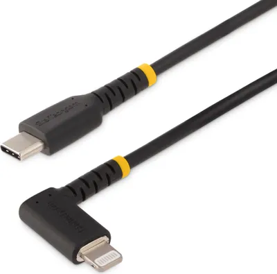 Immagine prodotto di StarTech.com Cavo USB-C a Lightning da 1 m - Cavo di ricarica/sincronizzazione da USB Tipo-C a Lightning in fibra aramidica resistente con angolo a 90 gradi -  Apple MFi - Cavo ricarica iPhone robusto