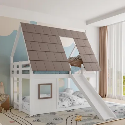 A child's bedroom with a house-shaped bunk bed featuring a slide.