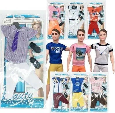 A collage of doll clothing sets and dolls wearing some of the outfits, presented in packaging.
