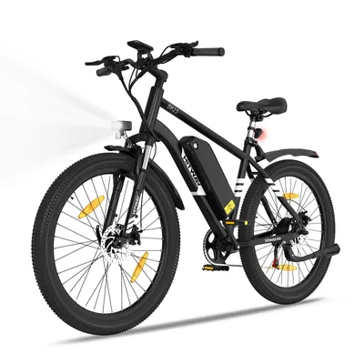 A black electric bicycle is shown against a white background.