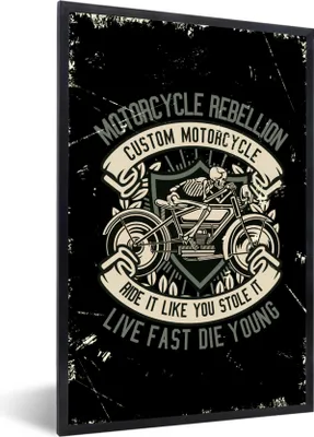 Produktbild von MuchoWow® MuchoWow® Gerahmtes Poster Motorrad - Skelett - Retro - Zitat 20x30 cm - Poster mit zchwarzem Bilderrahmen - Drucken - Bilder Poster im Rahmen