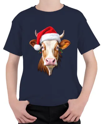 Produktbild von Weihnachtskuh Nikolausmütze Bauernhof Geschenk niedlich lustig Kinder T-Shirt, Navy, 152
