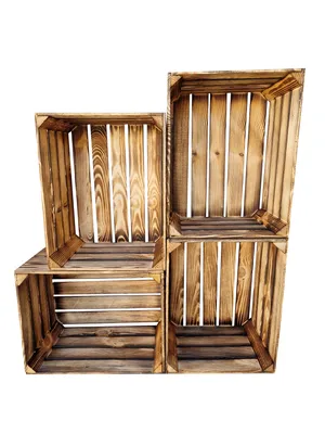 Produktbild von 4er Holzkisten 50x40x30 cm – Rustikale Geflammte Aufbewahrungsbox – Geflammte Massivholz - Fertig montiert