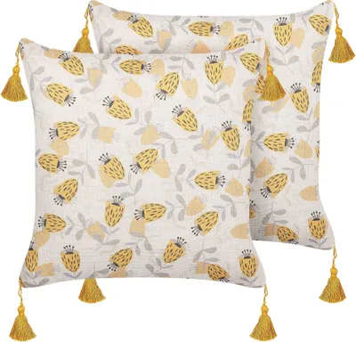 Produktbild von BELIANI Dekokissen 2er Set Gelb u. Hellbeige mit Füllung 45x45 cm Blumen Motiv mit Quasten Wohnaccessories Wohnzimmer Schlafzimmer Flur