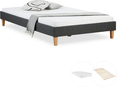 Produktbild von Homestyle4u 2283, Futonbett mit Matratze 120x200 Polsterbett Lattenrost Doppelbett Stoffbett Bettgestell Bett Grau