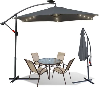 Produktbild von Jiubiaz 3.5m Sonnenschirm UV40+ Camping Pendelschirm Pavillon LED Solar Gartenschirm mit LED -Grau