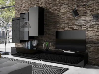 Produktbild von Wohnwand CALABRINI-17 Wohnzimmer-Set Hängewohnwand Schrankwand mit LED-Beleuchtung TV-Schrank Vitrine Moderne Anbauwand Hochglanz (Schwarz)