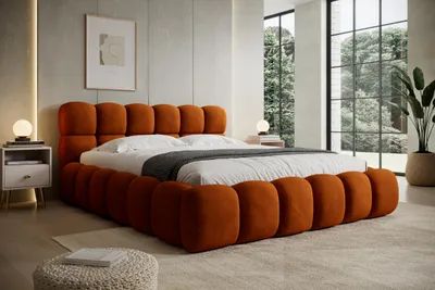 Produktbild von Polsterbett NUVIO 180x200 cm – Stoff VELUTTO – Samt – Gepolstertes Designerbett – Orange – 180x200x87 cm