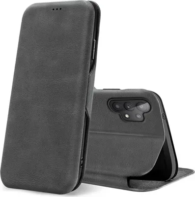 A dark gray flip case for a smartphone is shown against a white background. The case is partially open, revealing the back of a smartphone with its camera module.