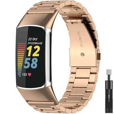 Produktbild von FFO2World Edelstahl Armband Kompatibel mit Fitbit Charge 6/5 – Klassisches Roségold – Ersatzband mit Werkzeug – Leicht, Robust & Verstellbar