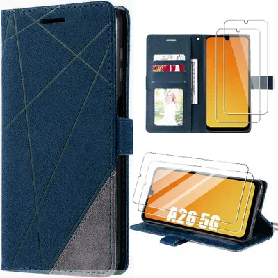 Image de Coque + 2 Verres Trempés pour Samsung Galaxy A26 5G, Effet Cuir Bleu Marine Antichoc Protection 360°