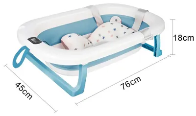Image de Baignoire pour bébé - Baignoire pliable - Avec tapis de bain - Thermomètre intégré - Portable pour les voyages - Pour nouveau-nés de 0 à 36 mois - Bleue